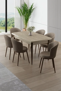 Asfel Serisi MDF 77x130 Traverten Yandan Açılabilir Mutfak Masası Takımı 6 Cappucino Sandalye